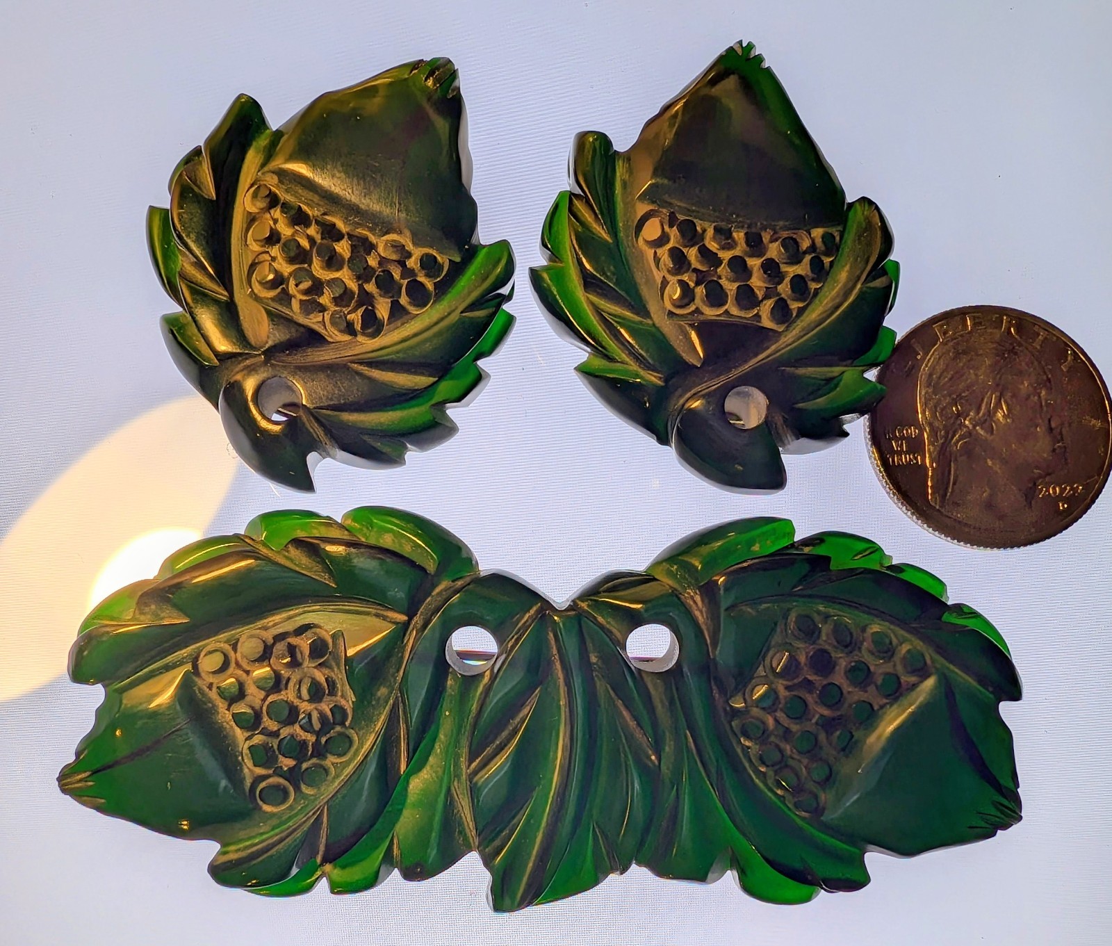 Lot Of 3 vintage bakelite carved pierced large pin & clip set. Acorns Dark Green