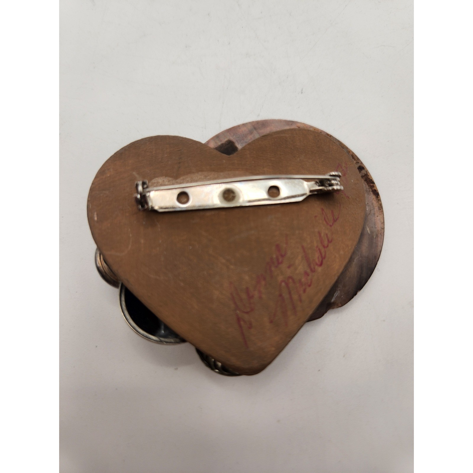 Vintage 1936 Buffalo Nickel Abalone Shell Mixed Media Signed Wood Heart Brooch