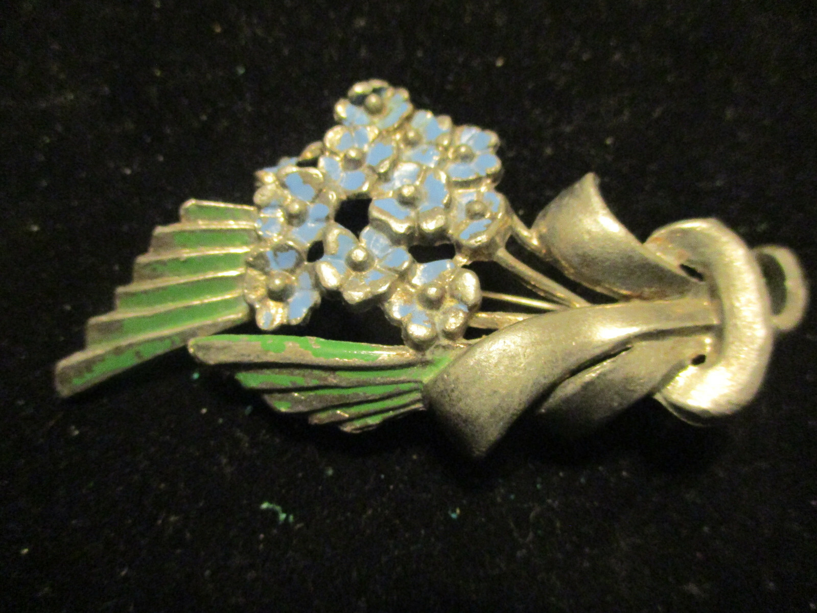 Vintage Estate Antique Pot Metal Enamel Forget me not Spray of Flowers Brooch