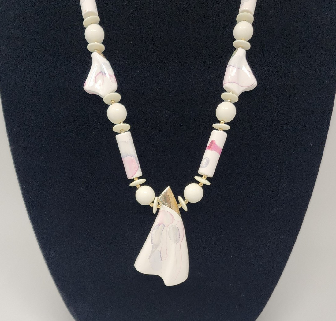 Vtg 80s Japan Hand Painted Pink Watercolor Ceramic Necklace Chunky Statement 30″