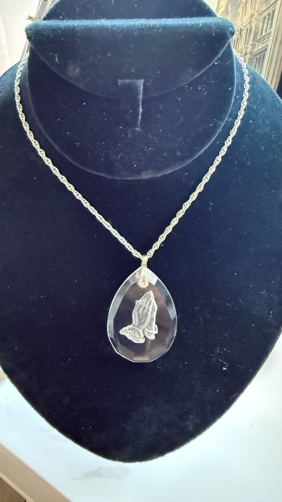 Vintage Hallmark Cards Praying Hands Teardrop Crystal Pendant Necklace
