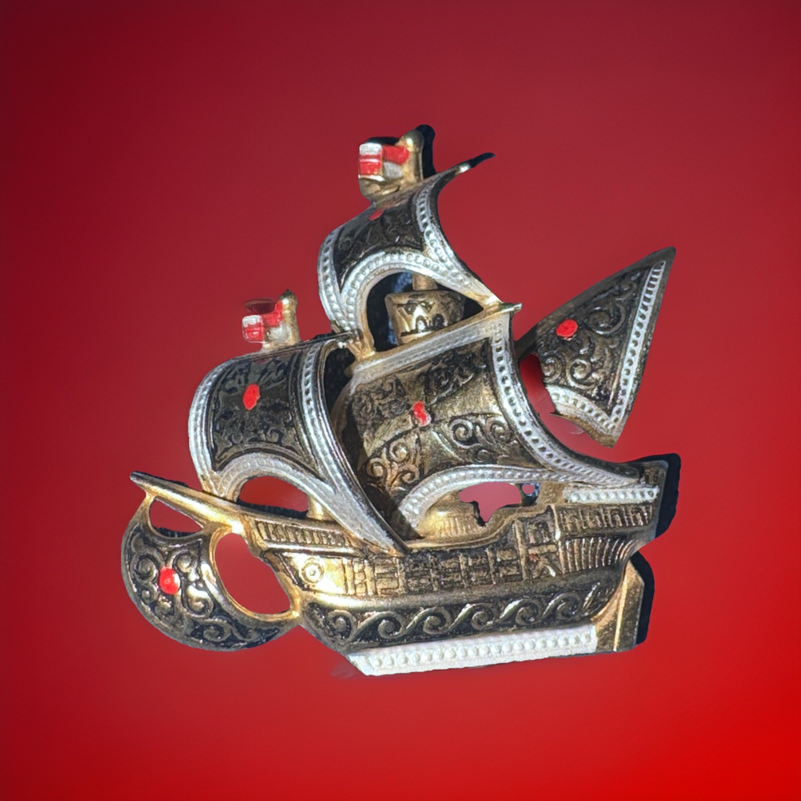 Vintage Spanish Damascene Galleon Ship Brooch Pin 1950s 1960s Toledoware Spain