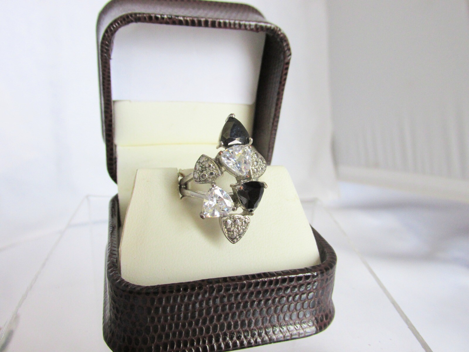 Vintage Black & Clear CZ Trillion Cut Cocktail Ring Silver Plate Sz 6.5