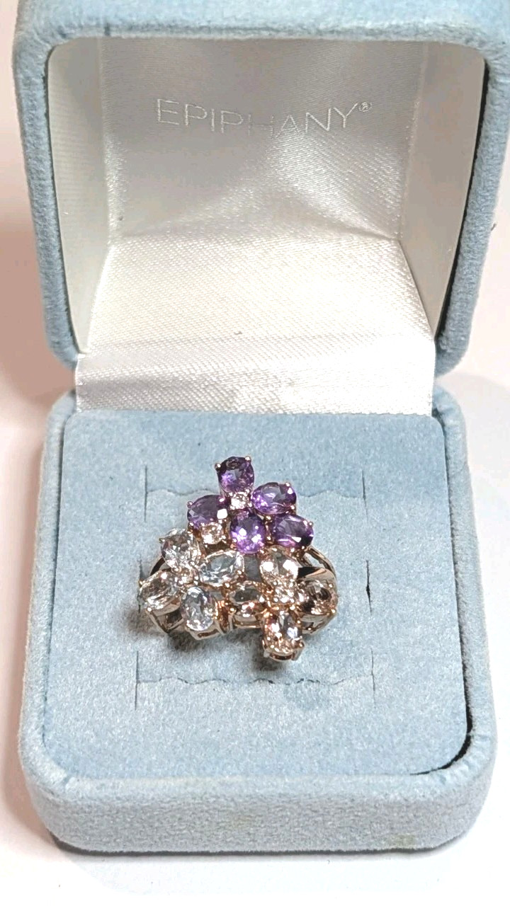 BEAUTIFUL ESTATE STERLING SILVER PRONG SET MULTI STONE CLUSTER RING SIZE 6