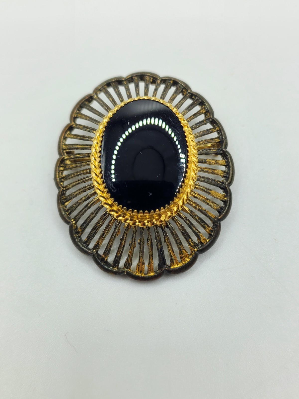 Black Onyx Brooch Vintage Wells Vermeil Over Sterling? Not Sure. B61