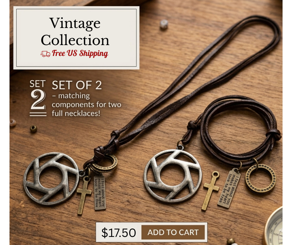 Vintage Leather Cord Necklace Cross Pendant Charms Ethnic Jewelry Set of 2