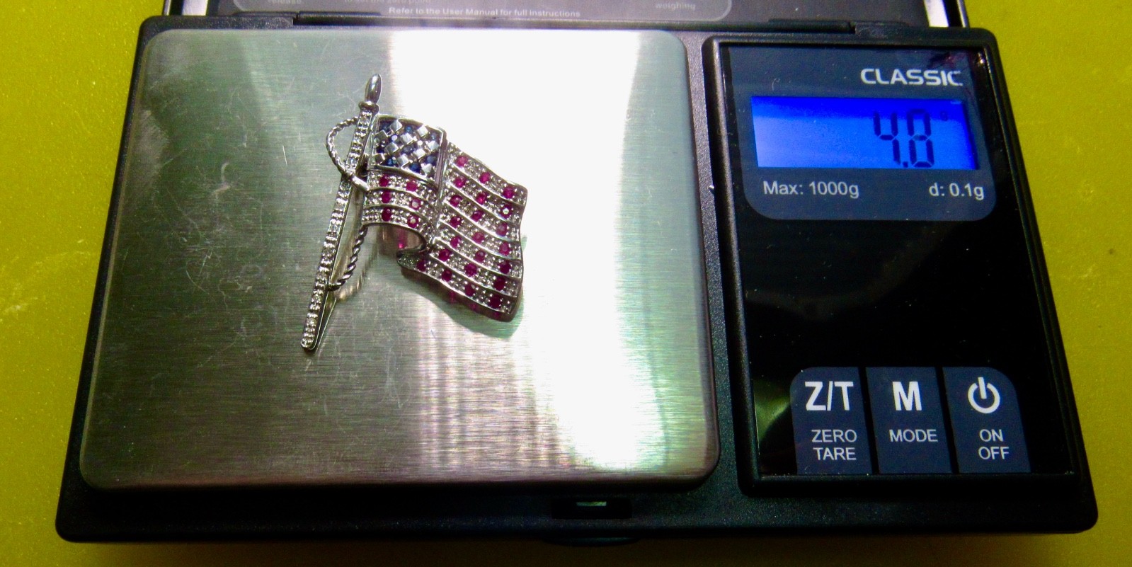 14K White Gold American Flag Pin Brooch Rubies Sapphires Diamonds Patriot