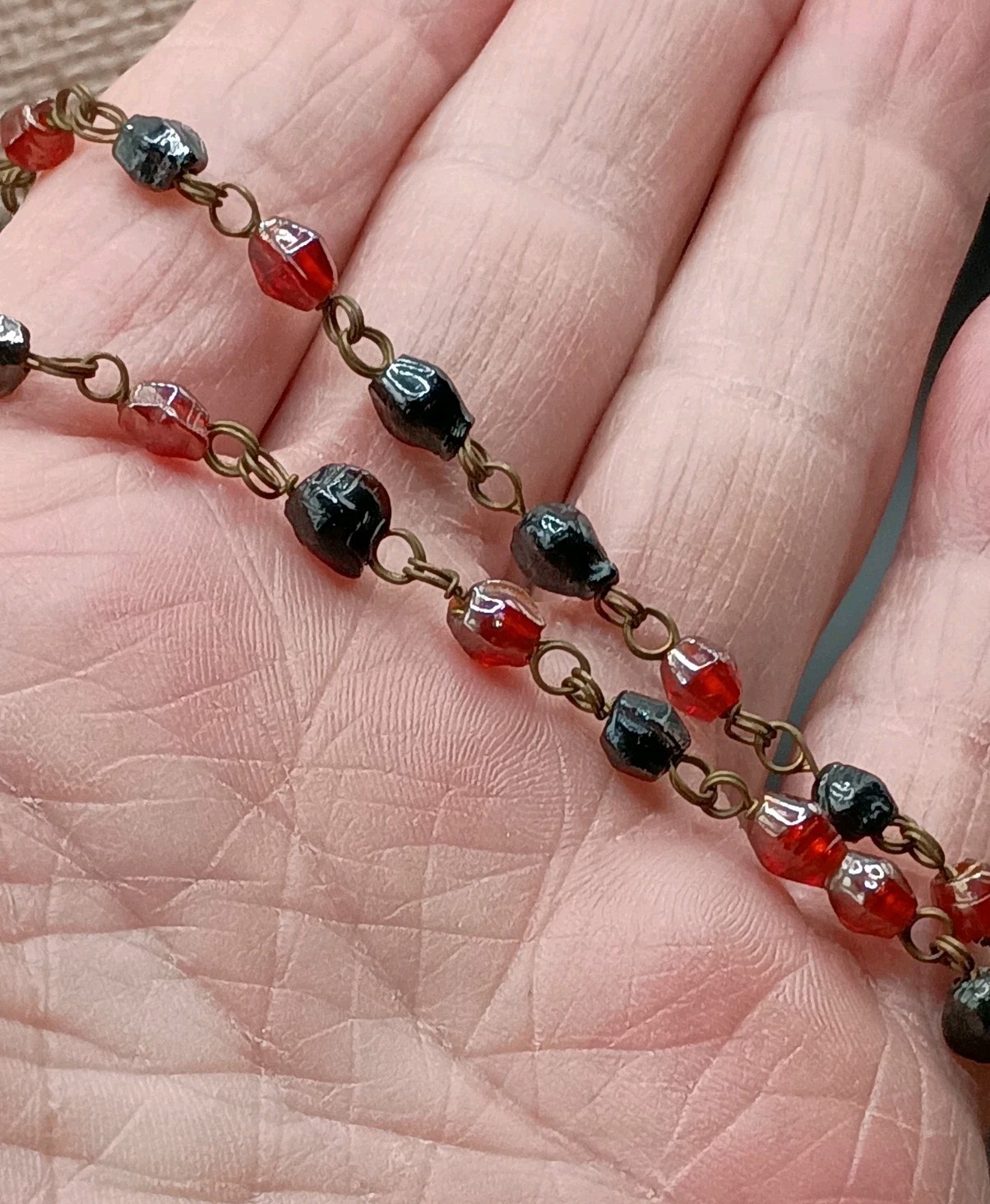 Vintage Czech Glass Beaded Necklace AB Red Black Petite Beads Dainty 36″