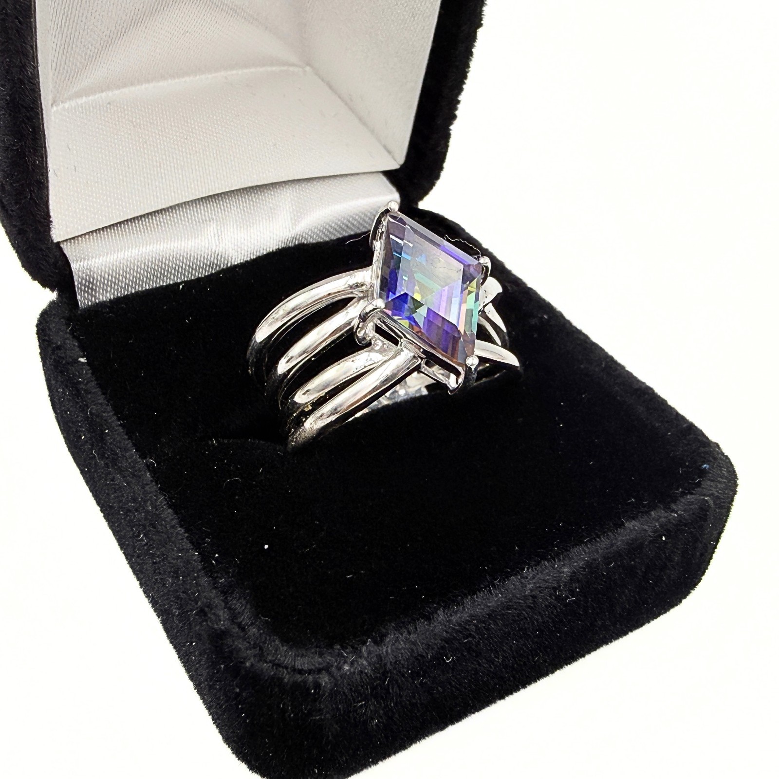 Contemporary Marked Sterling Silver Lozenge Cut Mystic Topaz Ring Sz 10
