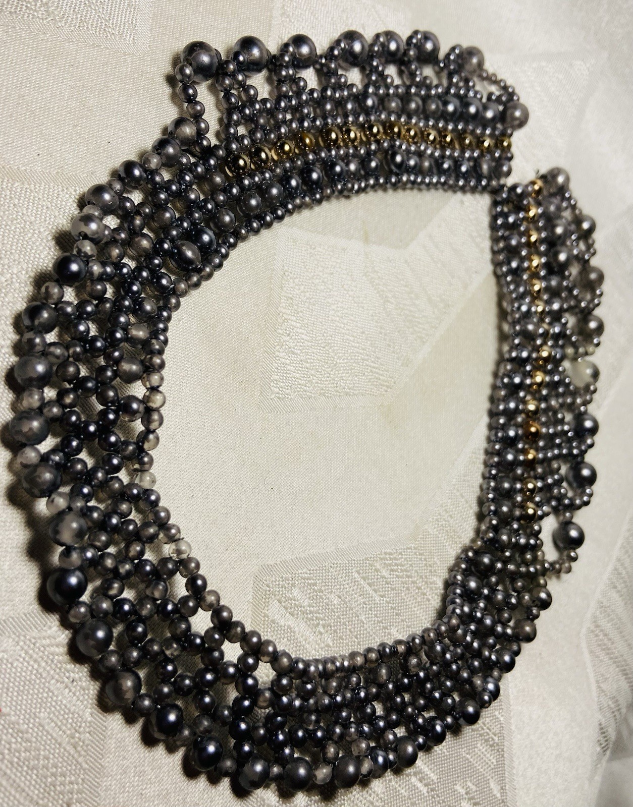 Vintage 1960s Hand Knotted Beaded Collar Necklace Gray Gunmetal Gold Tone Bib