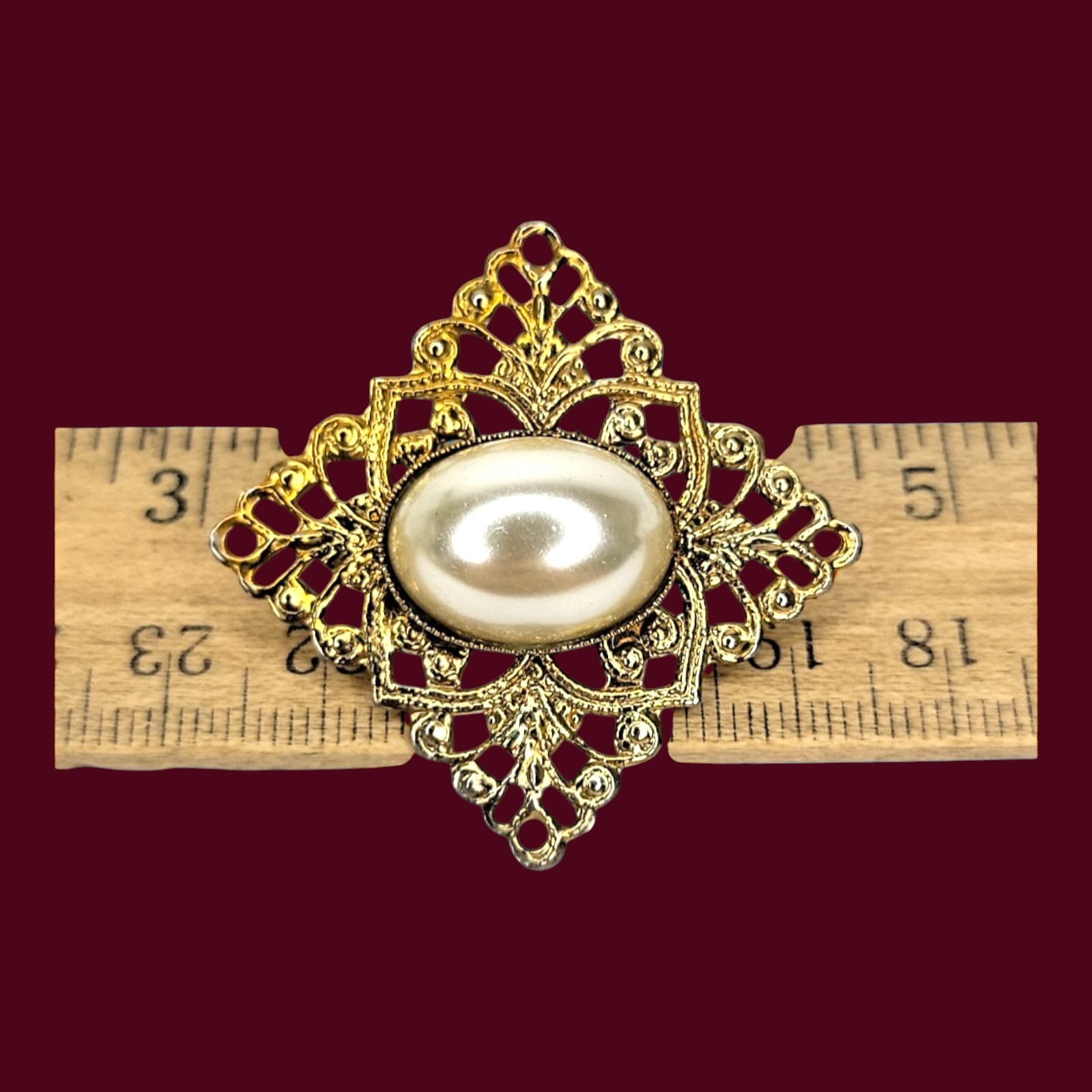 Filigree Brooch Pin Vintage Large Oval Simulated Pearl Gold Tone Diamond Shape