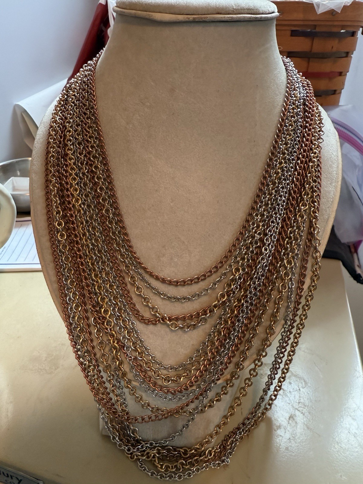 VTG 16-26” Tri-tone GOLD PLATED MULTI-STRAND Draping NECKLACE – COSTUME JEWELRY