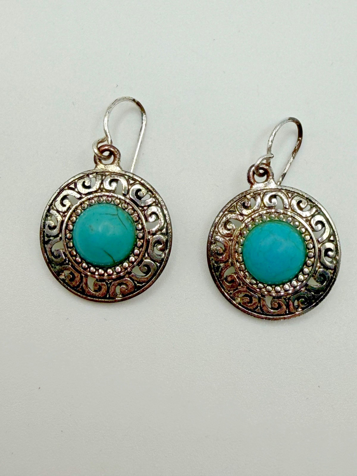 VINTAGE DANGLE EARRINGS TURQUOISE STONES W/ ORNATE FILIGREE METALWORK