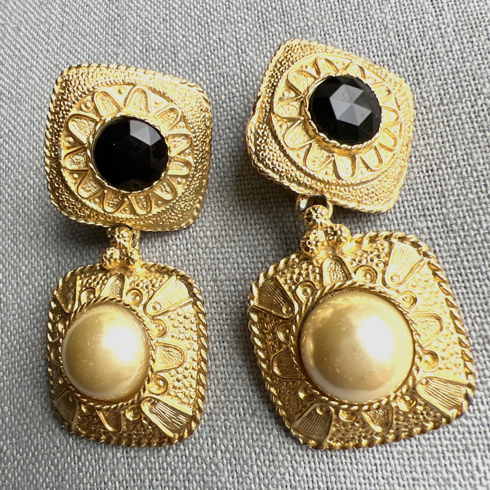 Vintage Faux Pearl & Black Rhinestone Gold Tone Metal Earrings; Classic!