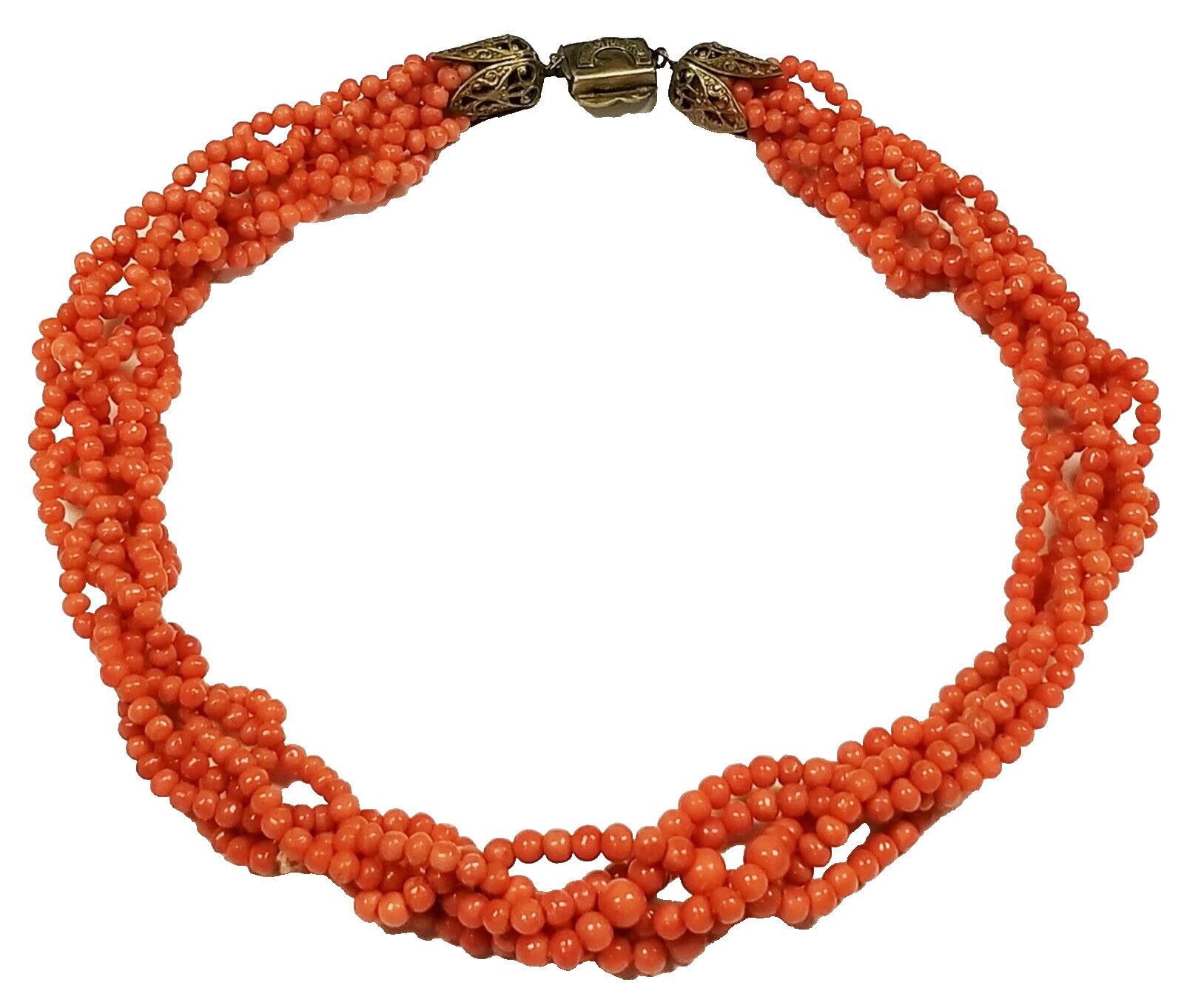 VERY EARLY Signed HASKELL Genuine Coral 4mm Bead Link Necklace 16.5″ x 3/4″