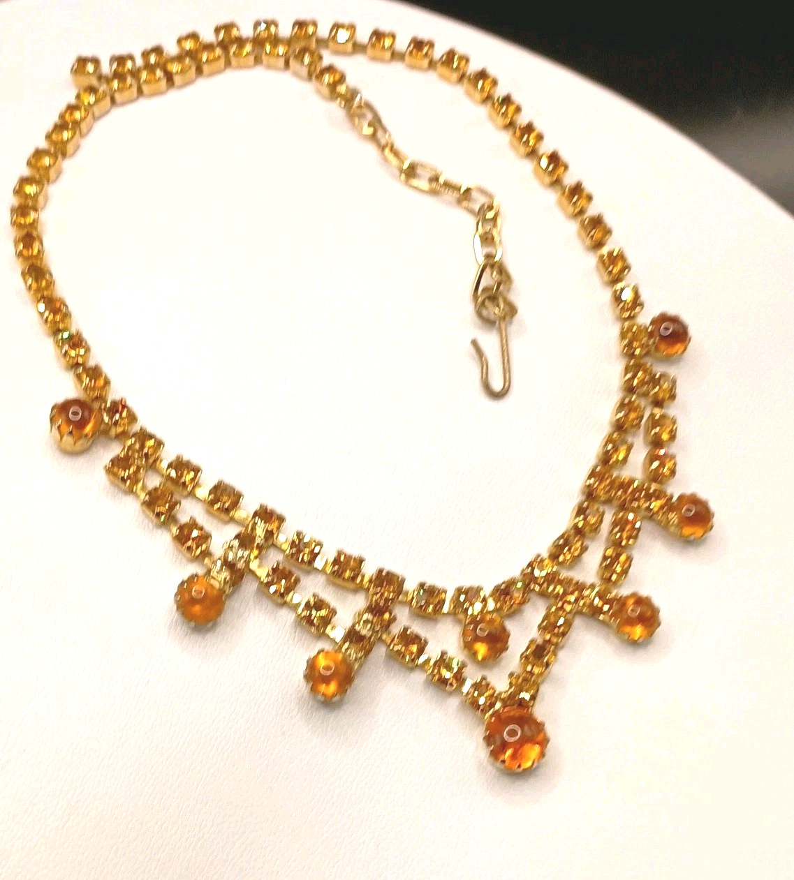 Victorian Revival Amber Color Rhinestone Necklace Regal Collar Gold Tone 16.5″