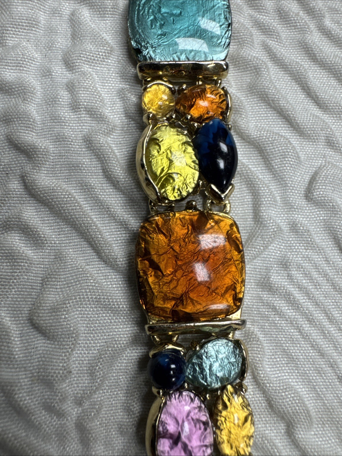 Vintage Foiled Art Glass Gold Plate Panel Link 8”Bracelet
