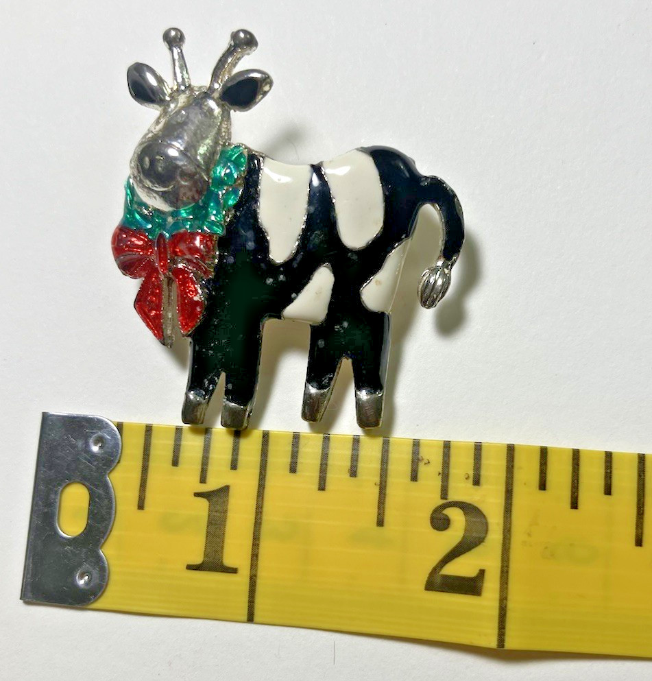 Vtg Signed T C Silver Metal Base Brooch Black & White Enamel Holstein Cow