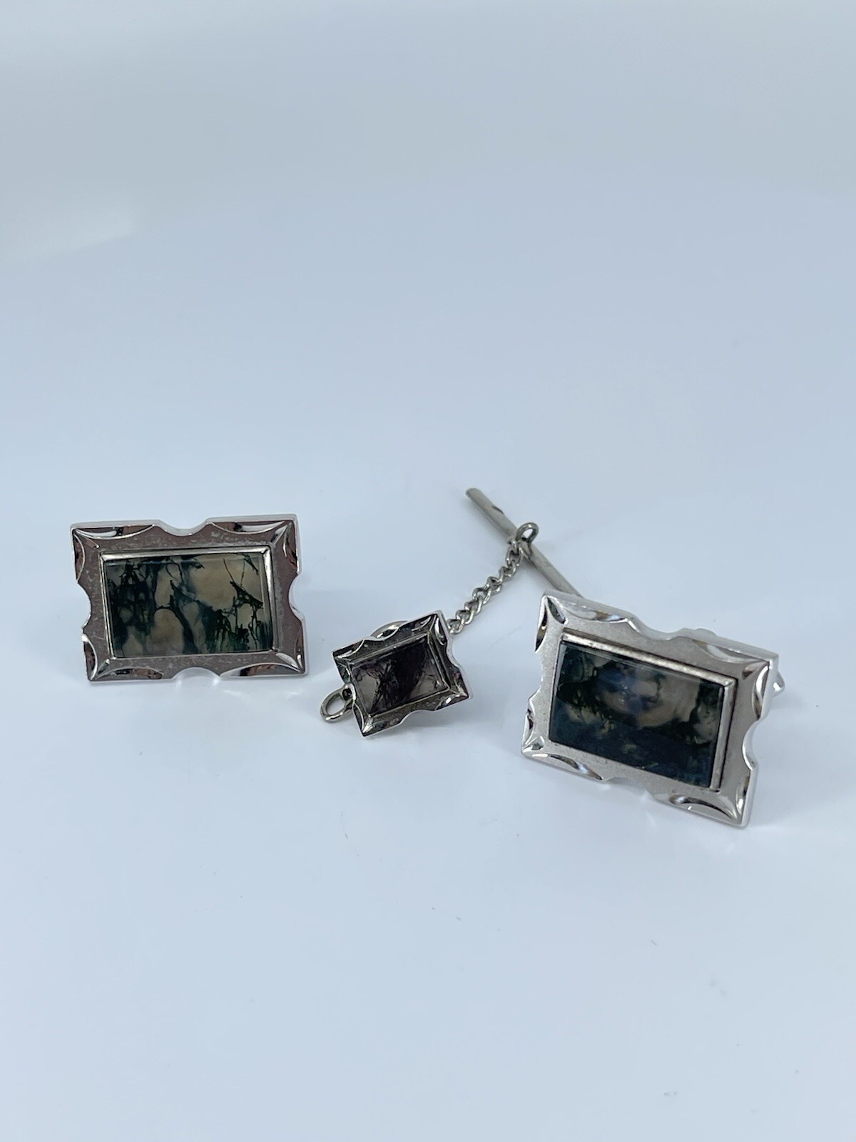 Swank Cufflink and Tie Tack set Jadeite rectangle silver tone 3/4″