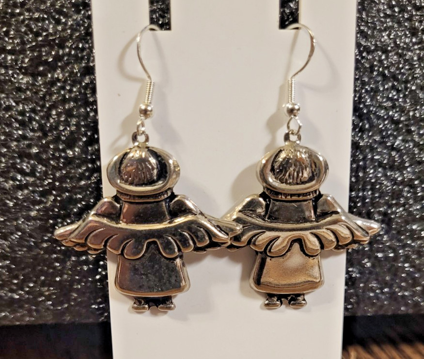 Vintage Sterling Silver 925 Angel Dangle Earrings Textured Wings Folk Art