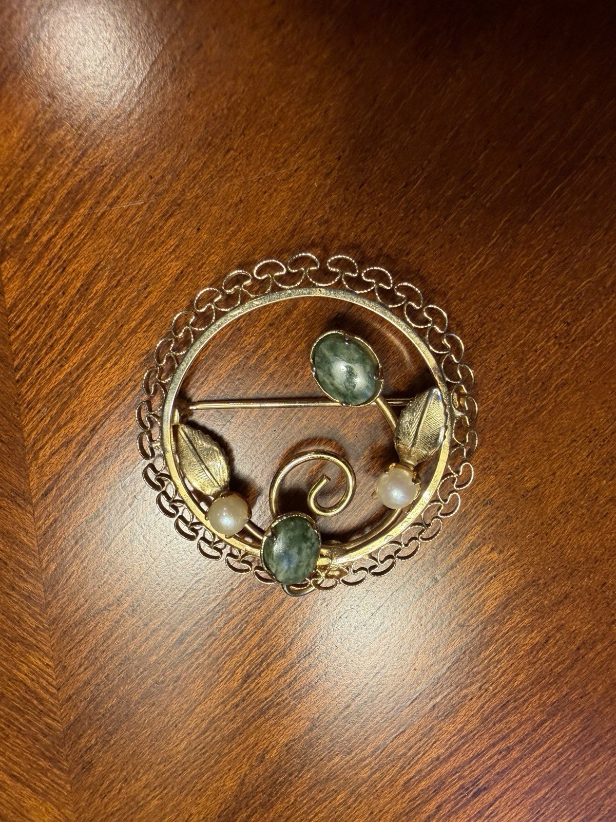 Vintage AC Filigree Circle Brooch With Jade Cabochons And Pearls, 12K GF
