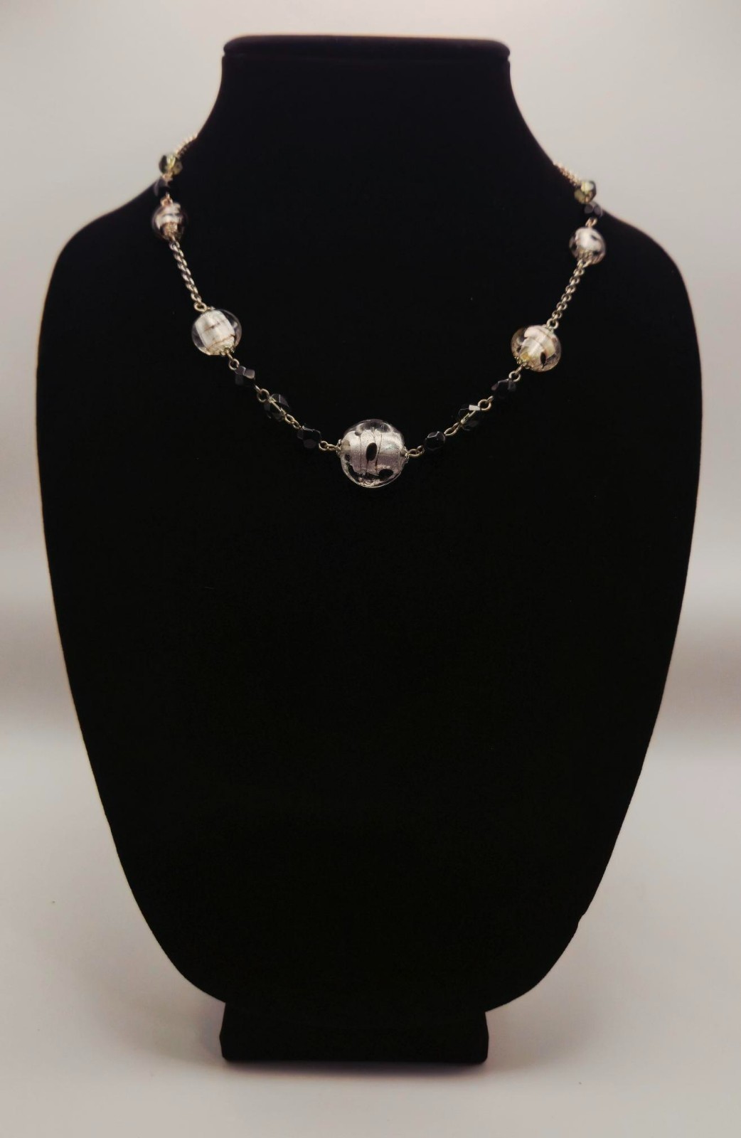 Vintage Art Deco Black Glass & Silver Foil Murano Style Bead Necklace