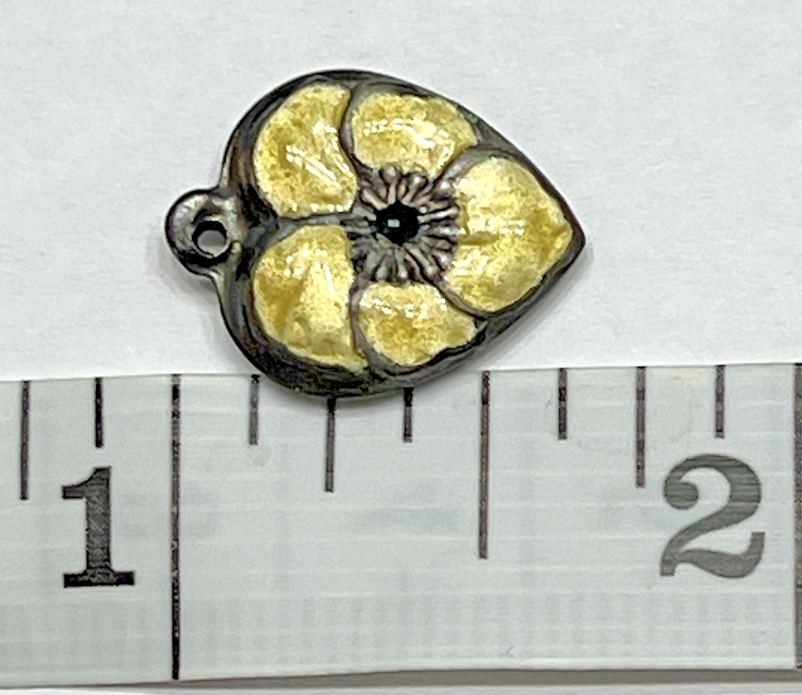Sterling Silver Heart Flower Charm Puffy Enamel Pansy 925 Vintage Stamped Yellow