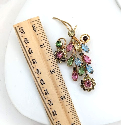 Vintage Brooch Earring Set Pastel Floral Spray Rhinestone 1950s
