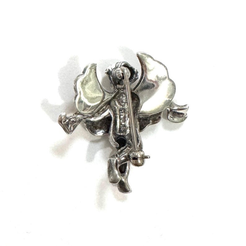 Solid 925 Sterling Silver Natural Marcasite Guardian Angel Pin Brooch Vintage