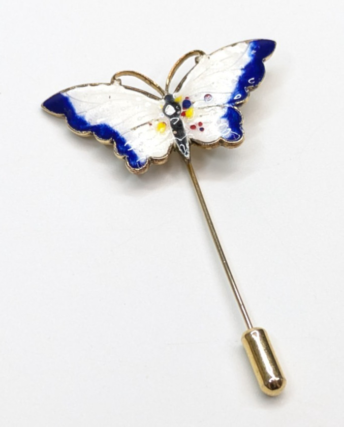 Vintage Blue & White Enamel Open Wing Butterfly Gold Tone Stick Pin 2.5″