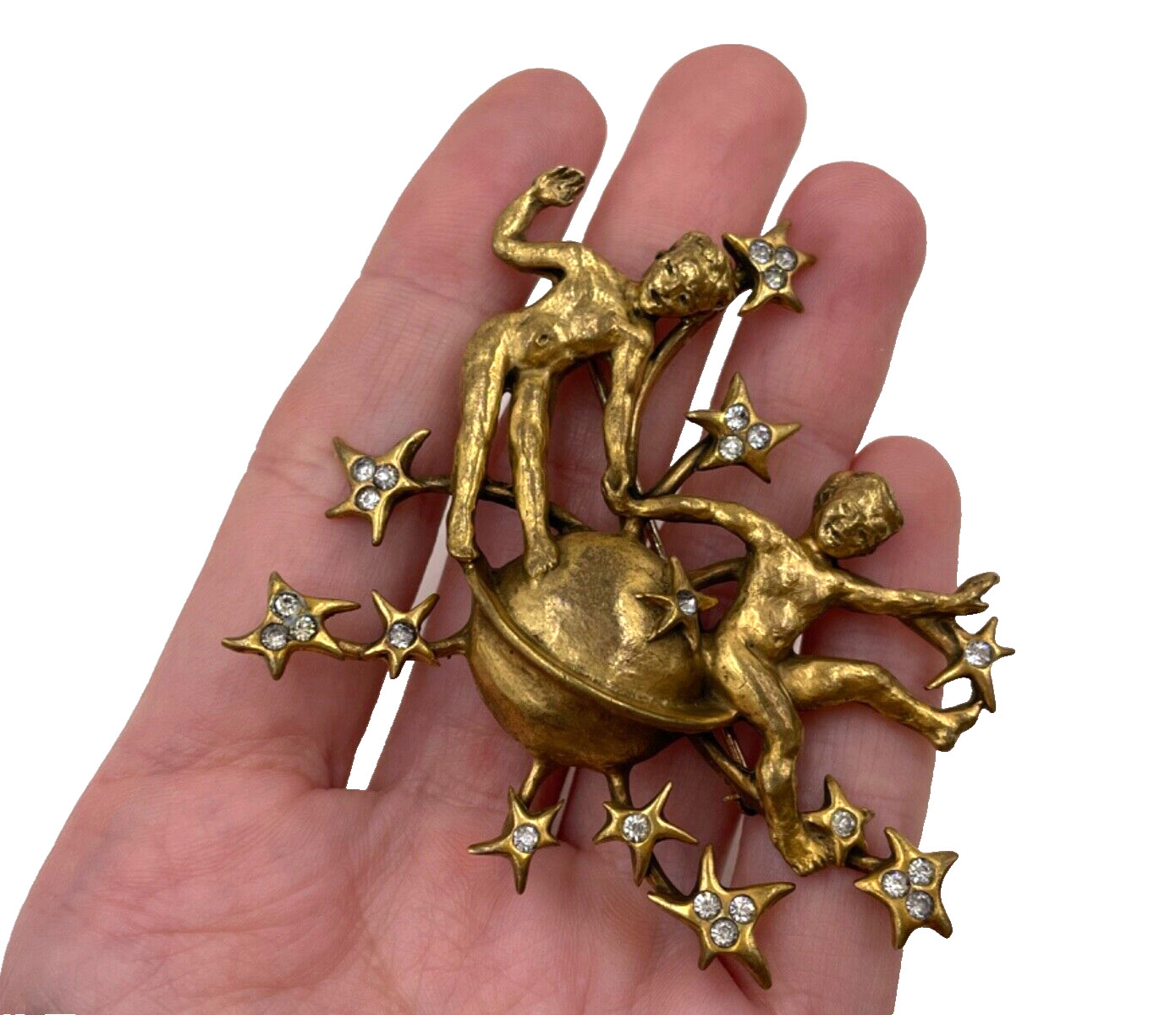 VALE STEVENS SIGNED ZODIAC SIGNS TWINS GEMINI MAY-JUN 21 GORG GOLD TN LRG BROOCH