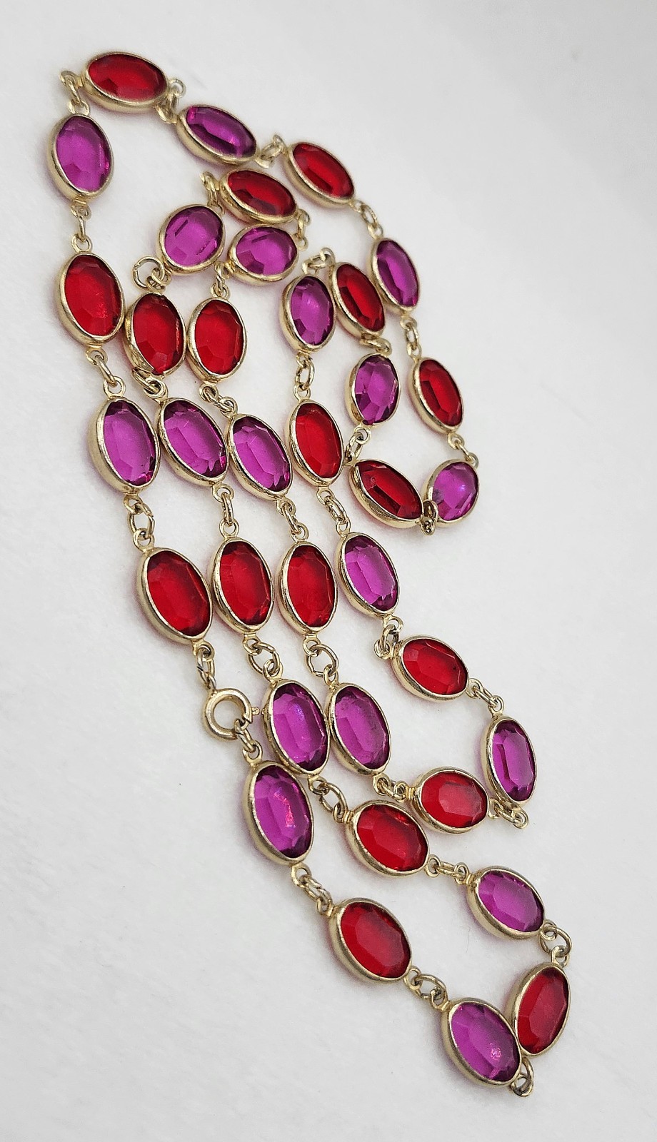 Vintage Bezel Set Oval Fuchsia Pink & Red Crystal Opera Length Necklace 29″ Long