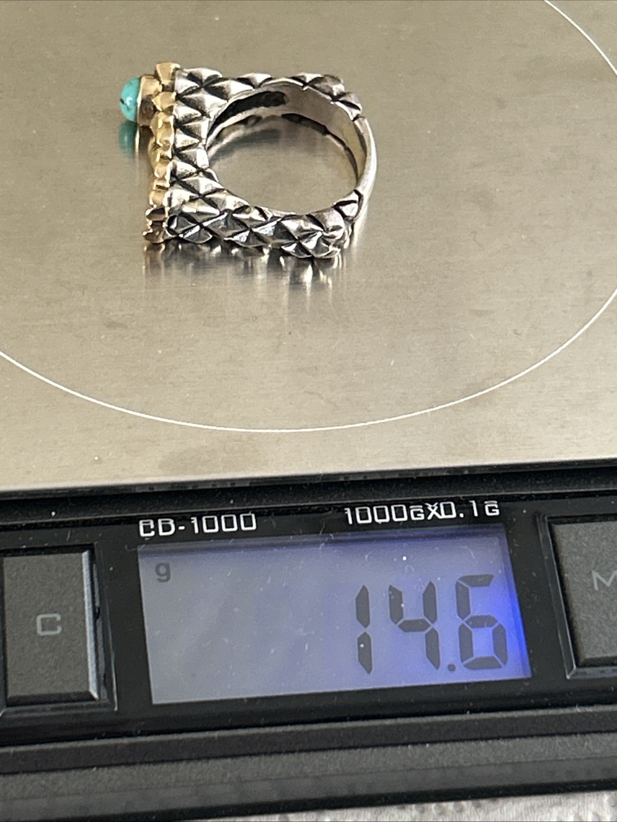 Vtg Dian Malouf Ring:Hallmarked DLM 14K Gold 925 Sterling Turquois Ring:Sz 10