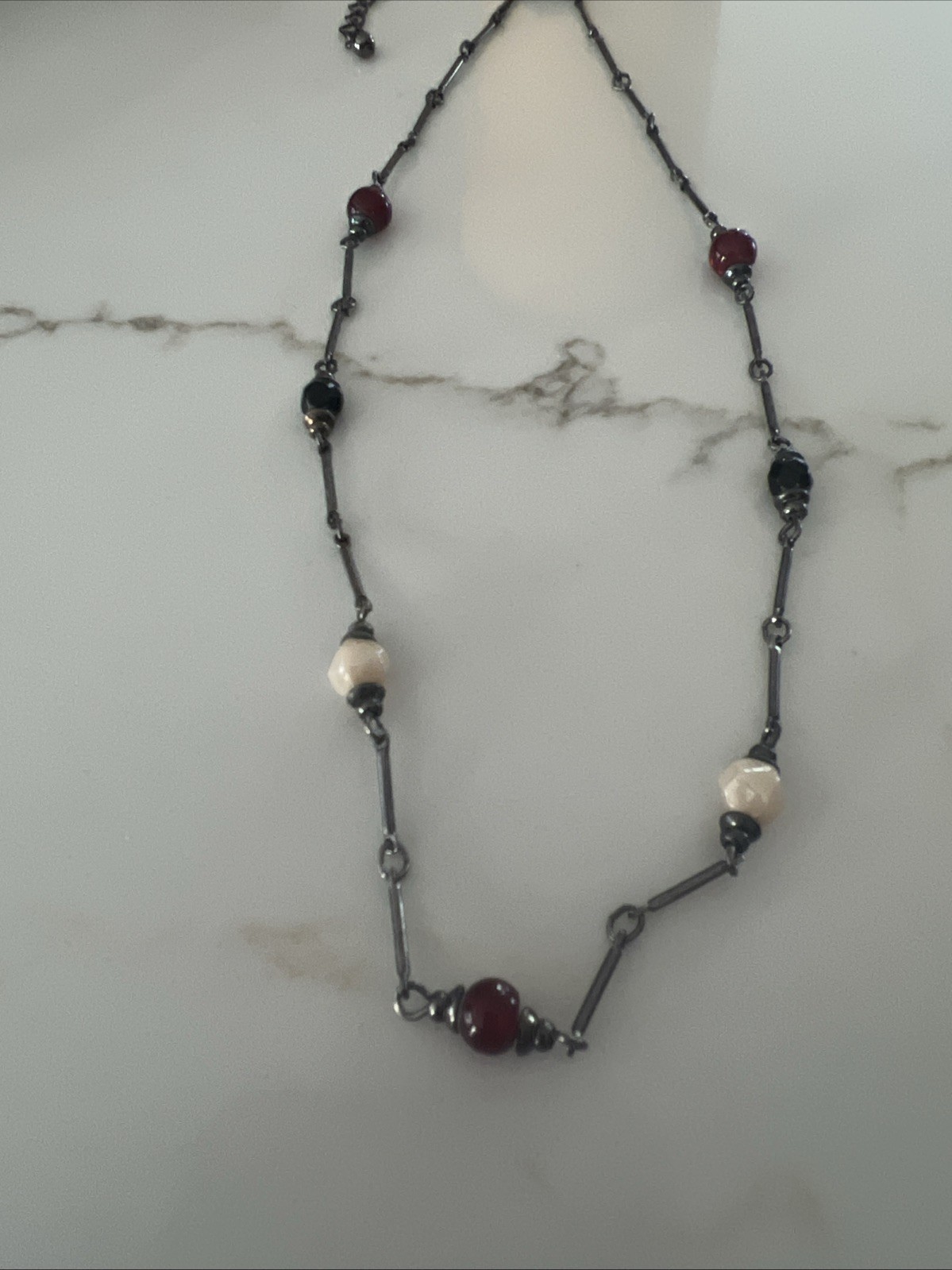Designer Fringe Necklace Gun Metal Silver Tone Red White Black Glass Beads Chain