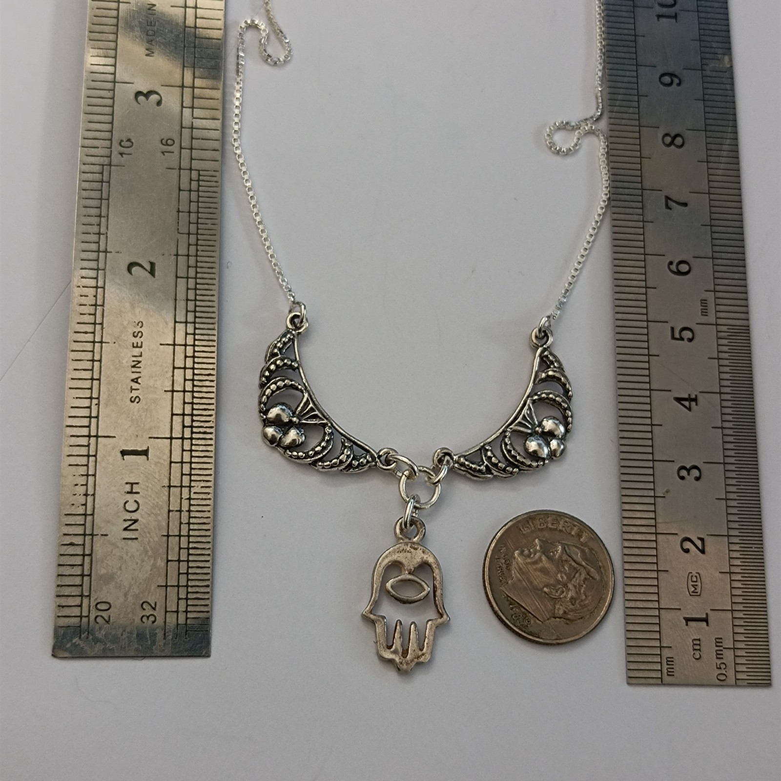 Sterling Silver Hamsa Necklace Hand of Fatima Vintage Ethnic Bib Spiritual Gift