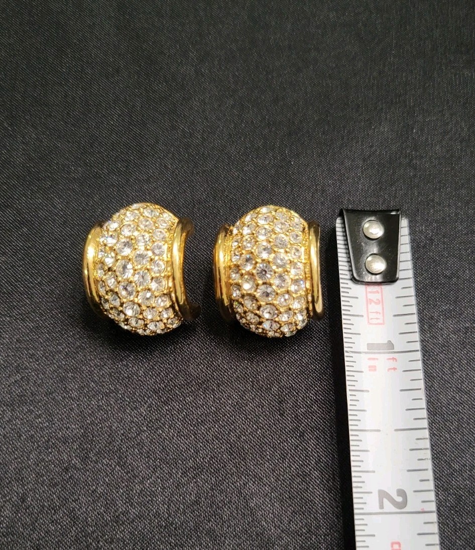 Vintage Signed Swarovski Gold Tone Pave Crystal Dome Barrel Stud Earrings
