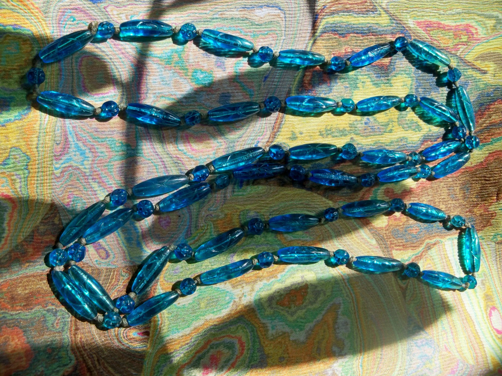 victorian vintage 20s DECO NECKLACE blue GLASS BEAD 50″ LONG egyptian revival