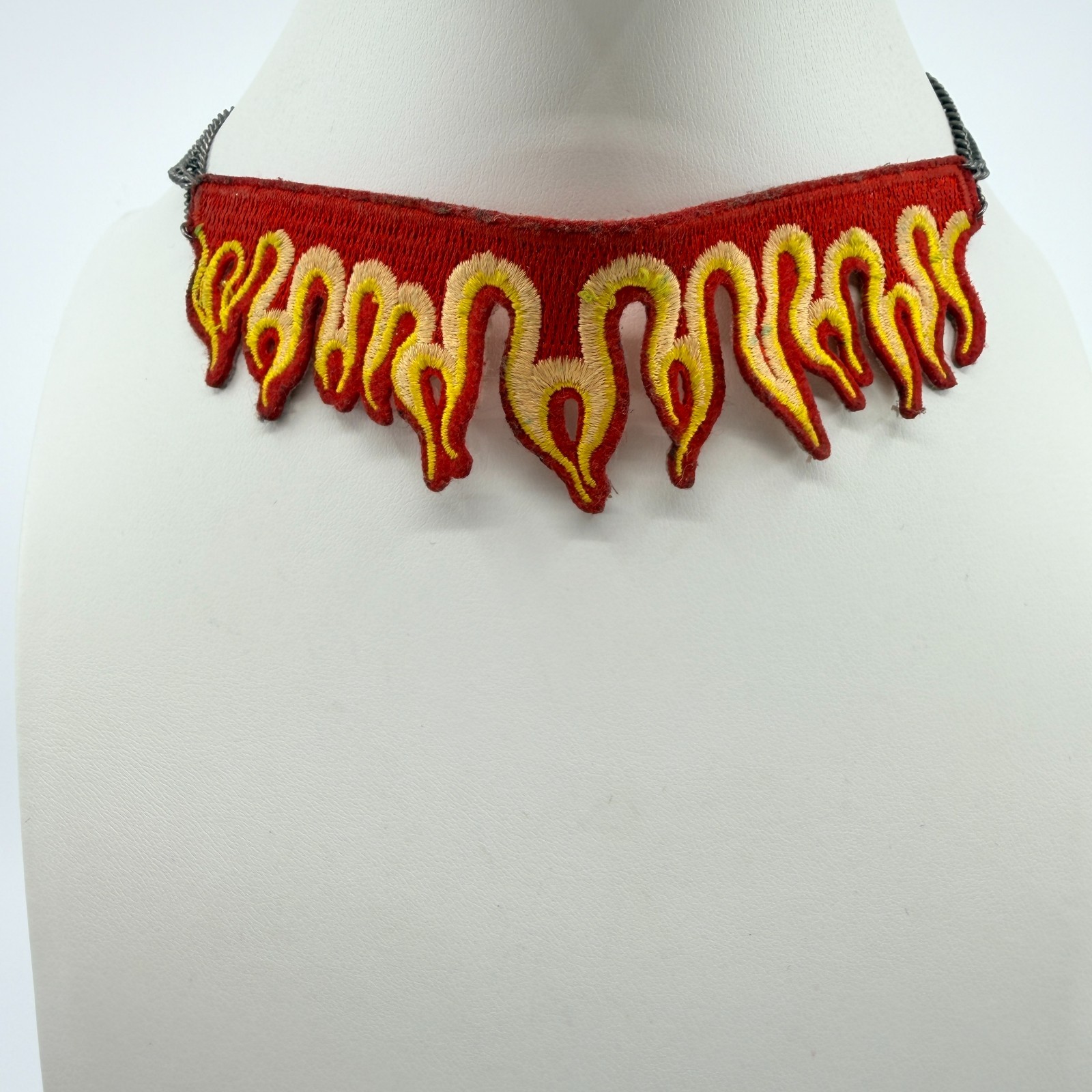 Vintage Flame Choker Necklace Embroidered Fabric Patch Fire Red Gunmetal Y2K 90s