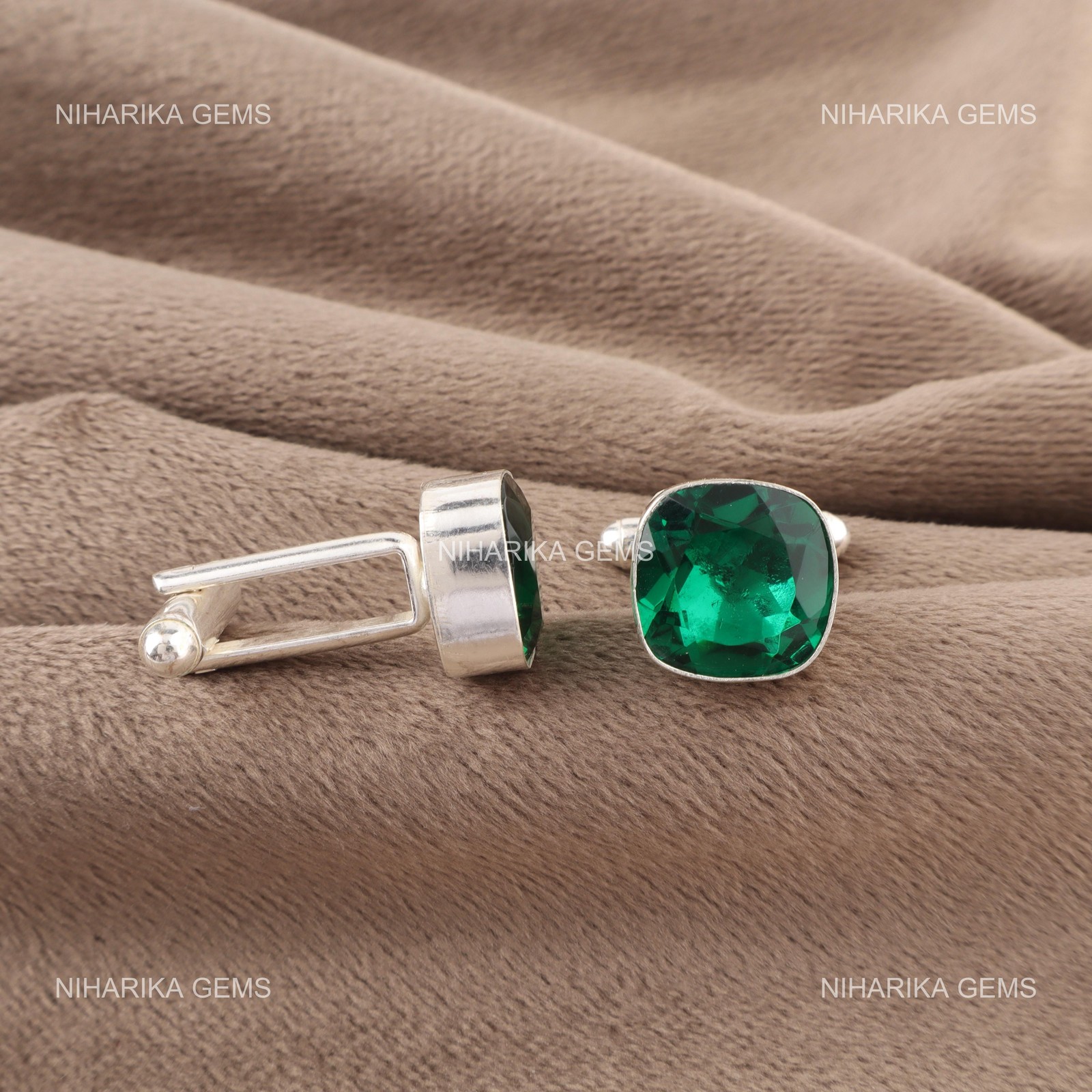 925 Sterling Silver May Natural Green Emerald Brother Gifts Art Deco Cufflinks