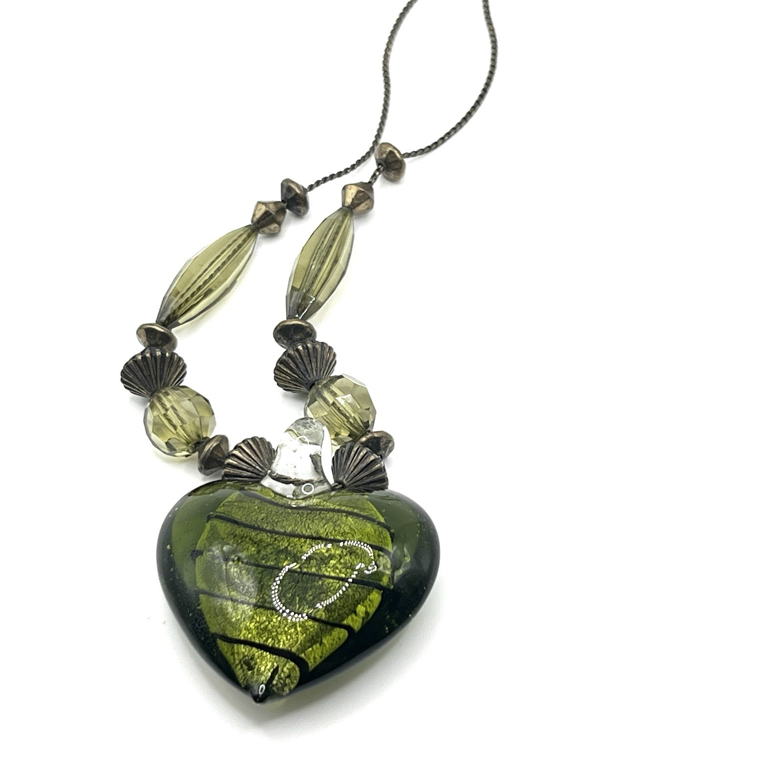 Vintage Murano Style Green Foiled Art Glass Puffy Heart Necklace 18”