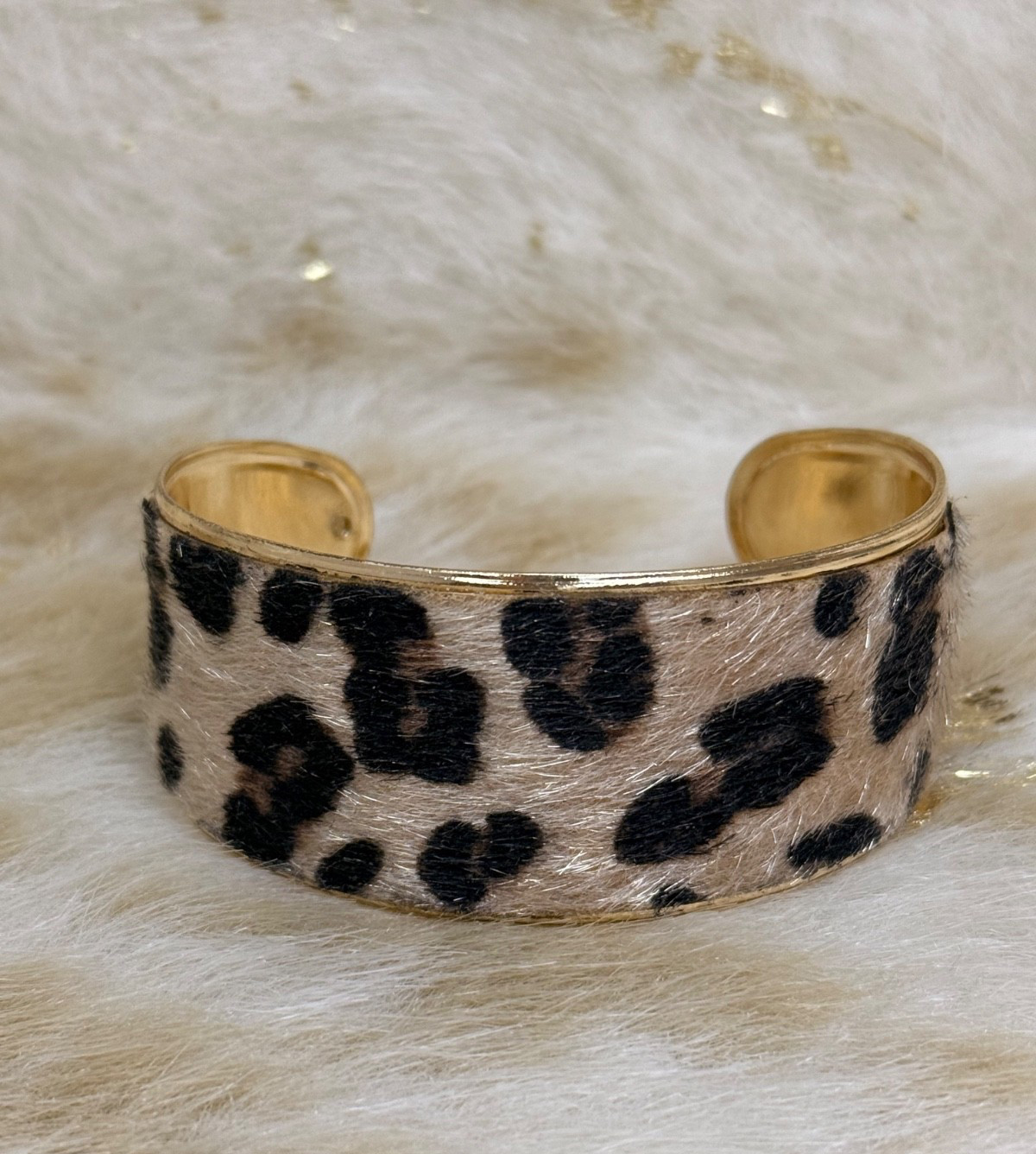 Vintage Classic Leopard Print Bracelet featuring Faux Fur overlay and Gold-tone