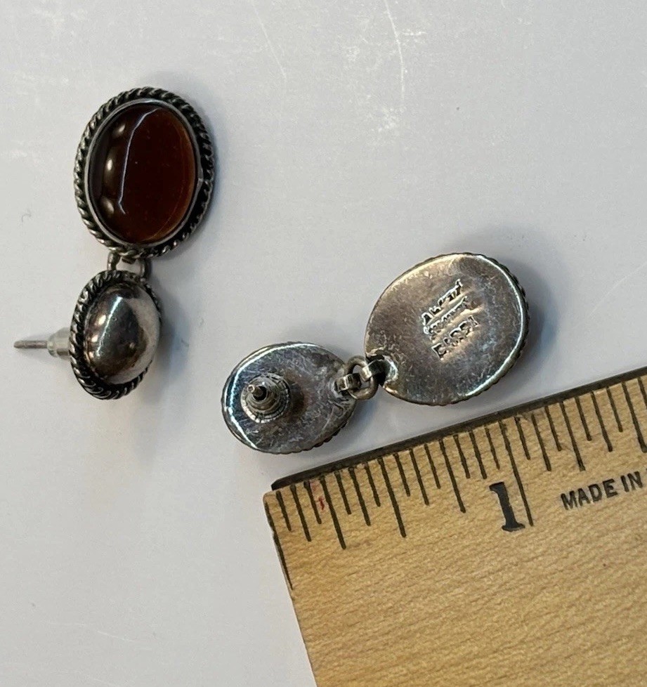 Vtg 925 Sterling Amber Cabochon 1-1/4” Dangle Drop Post Earrings Mexico 8g