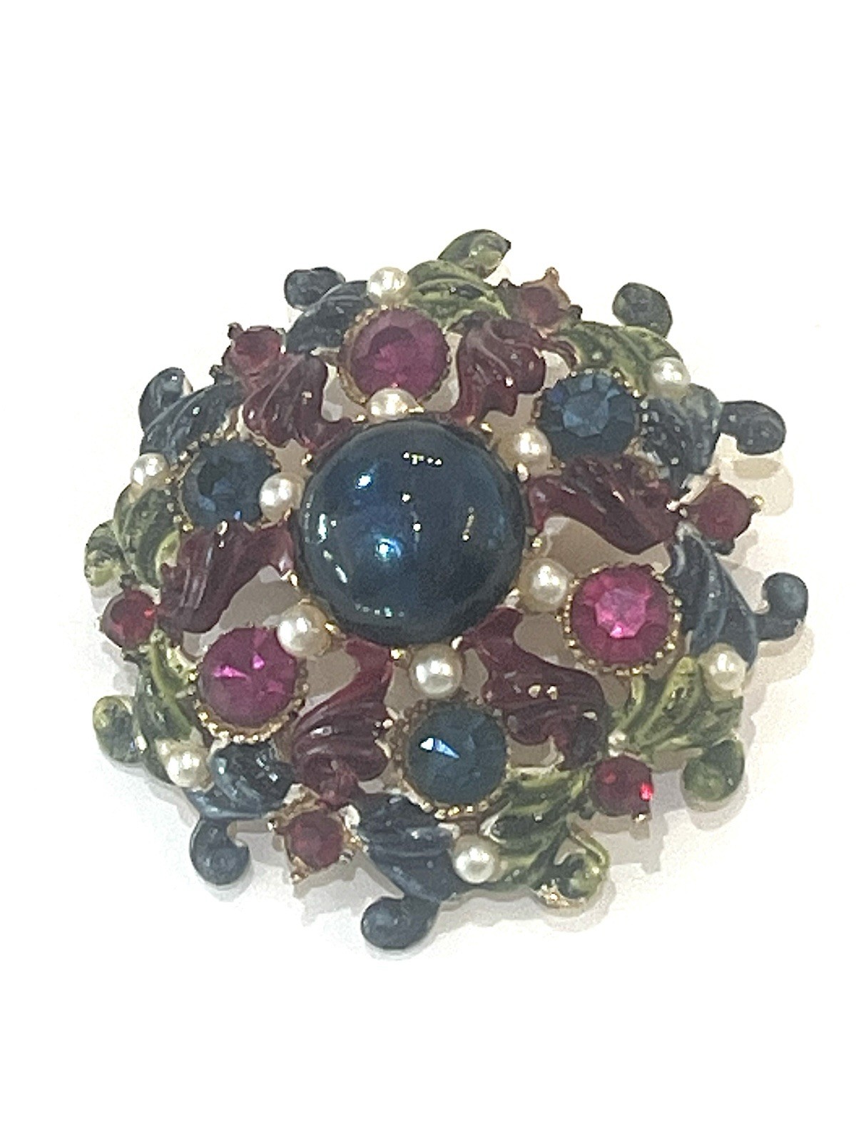Hattie Carnegie Round Enamel Pin w Blue Cabochon w Red & Green Stones Signed