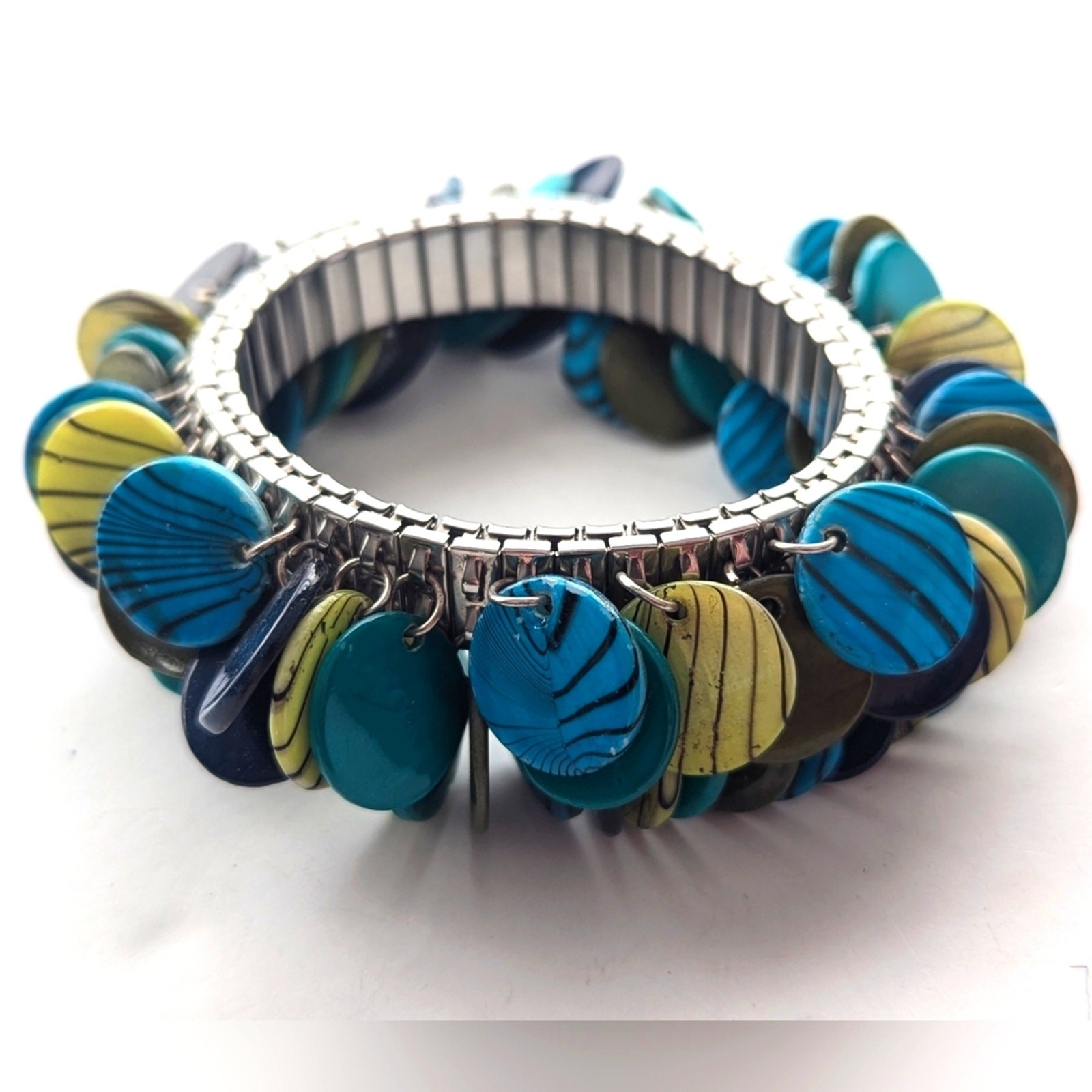 Vintage Iridescent Blue Green Disc Beaded Cha-Cha Expansion Stretch Bracelet