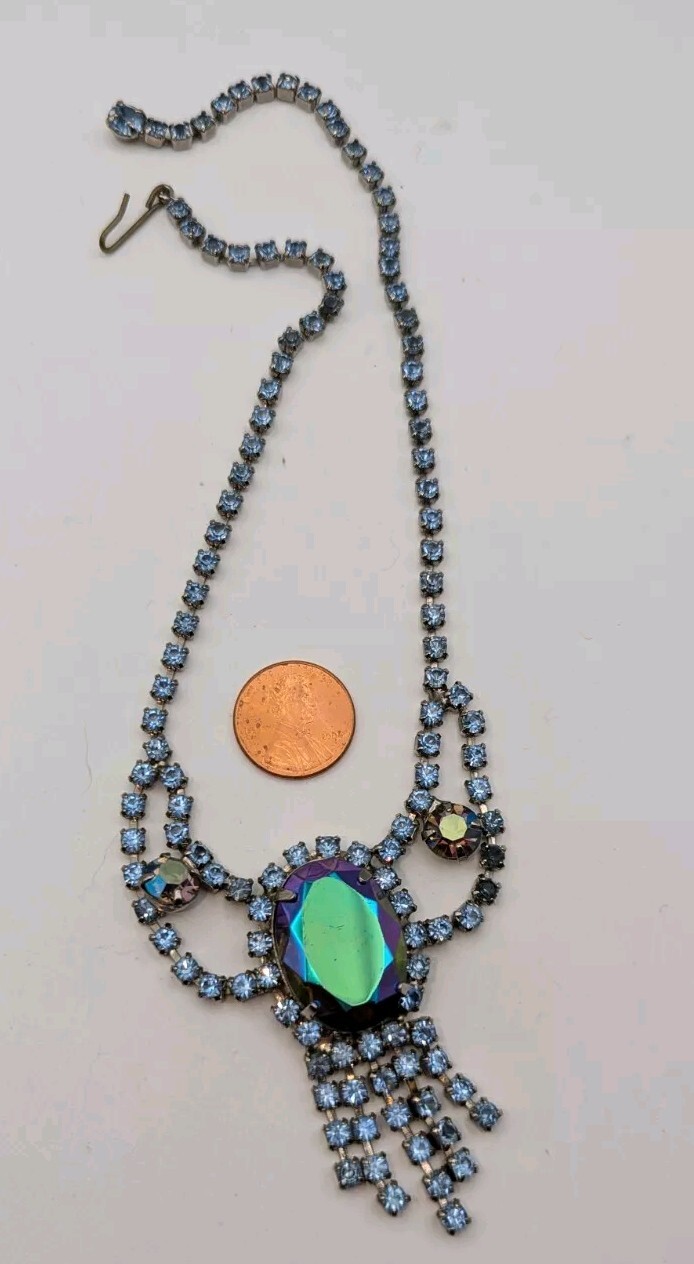 Vintage Vibrant Peacock Blue Violet Prong Set AB Rhinestone Silver Necklace