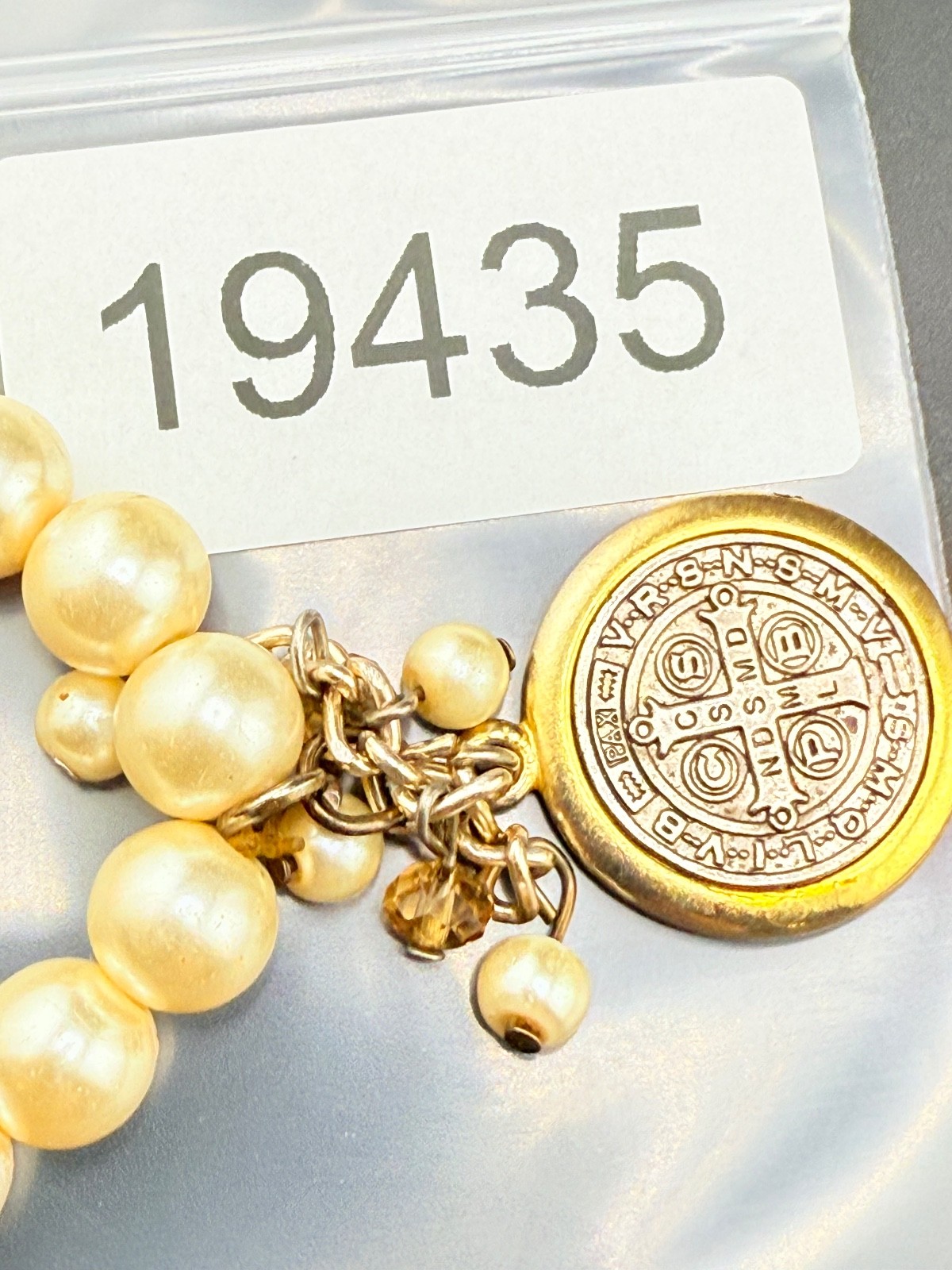 Vintage Saint Benedict Medal Bracelet Rosary Faux Pearl 7”