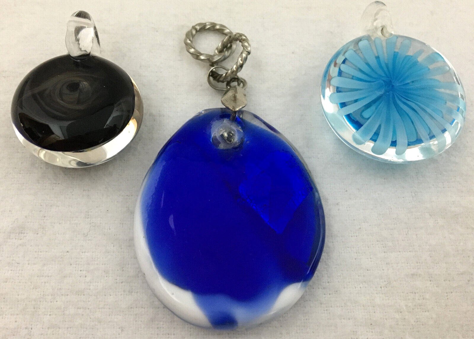 Lot of 3 Abstract Art Glass Pendants Modern Unique Blue White Foil Clear 3D