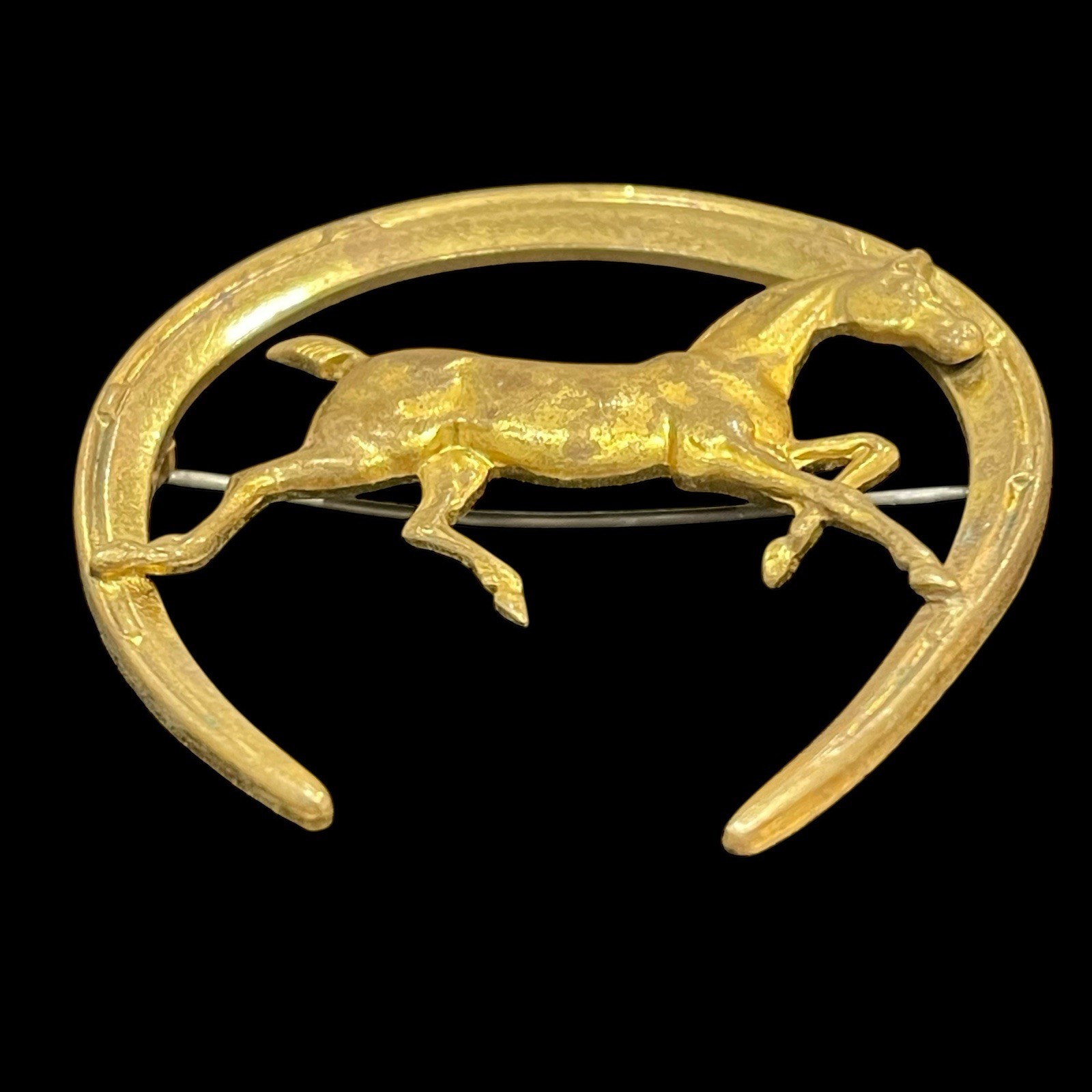 Horseshoe Pin Running Horse Riding Trotter Equestrian Brass Vintage Brooch Lucky