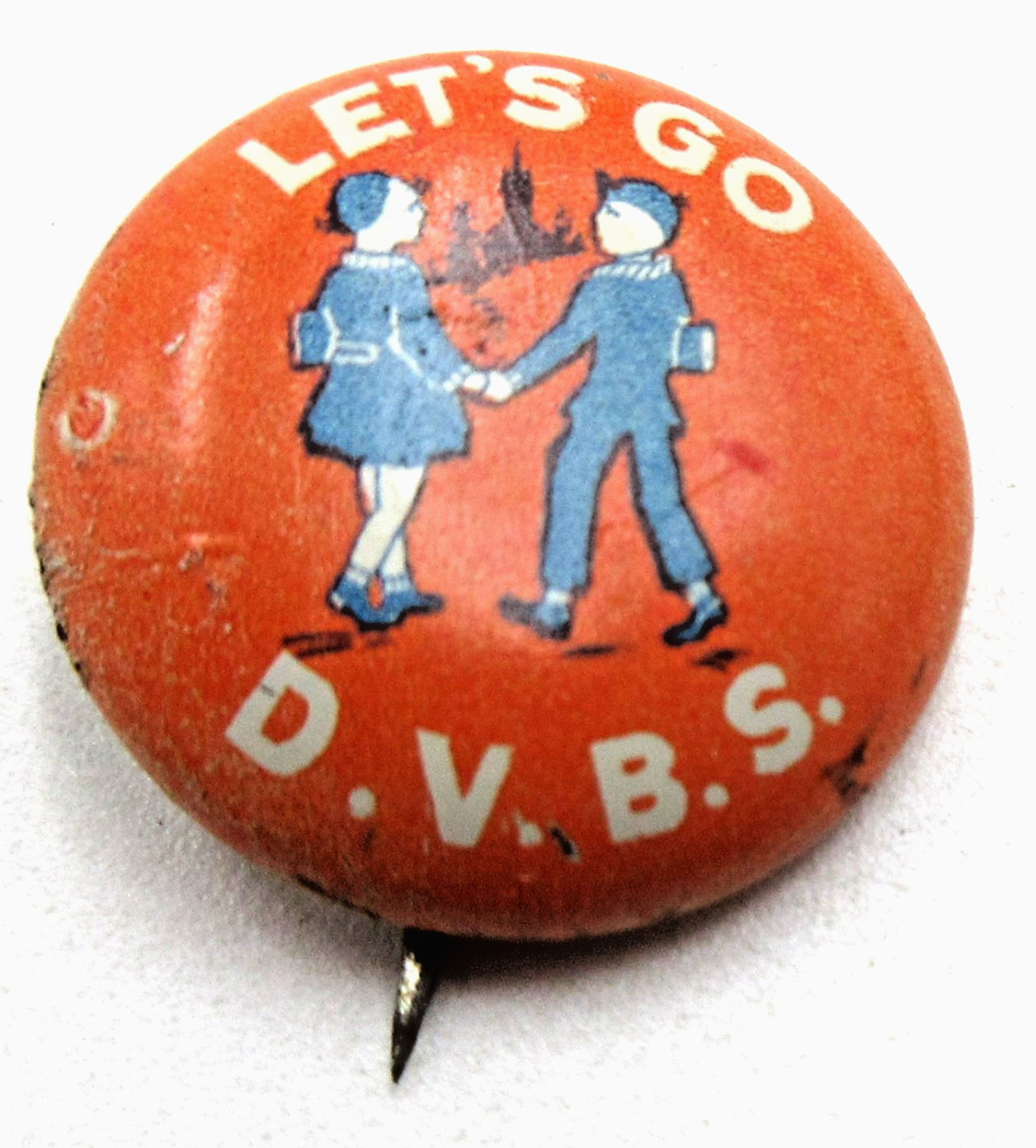 VTG OLD 5/8 GOSPEL SOUVENIR HOUSE MI Lady man DAILY VBS VACATION BIBLE STUDY Pin