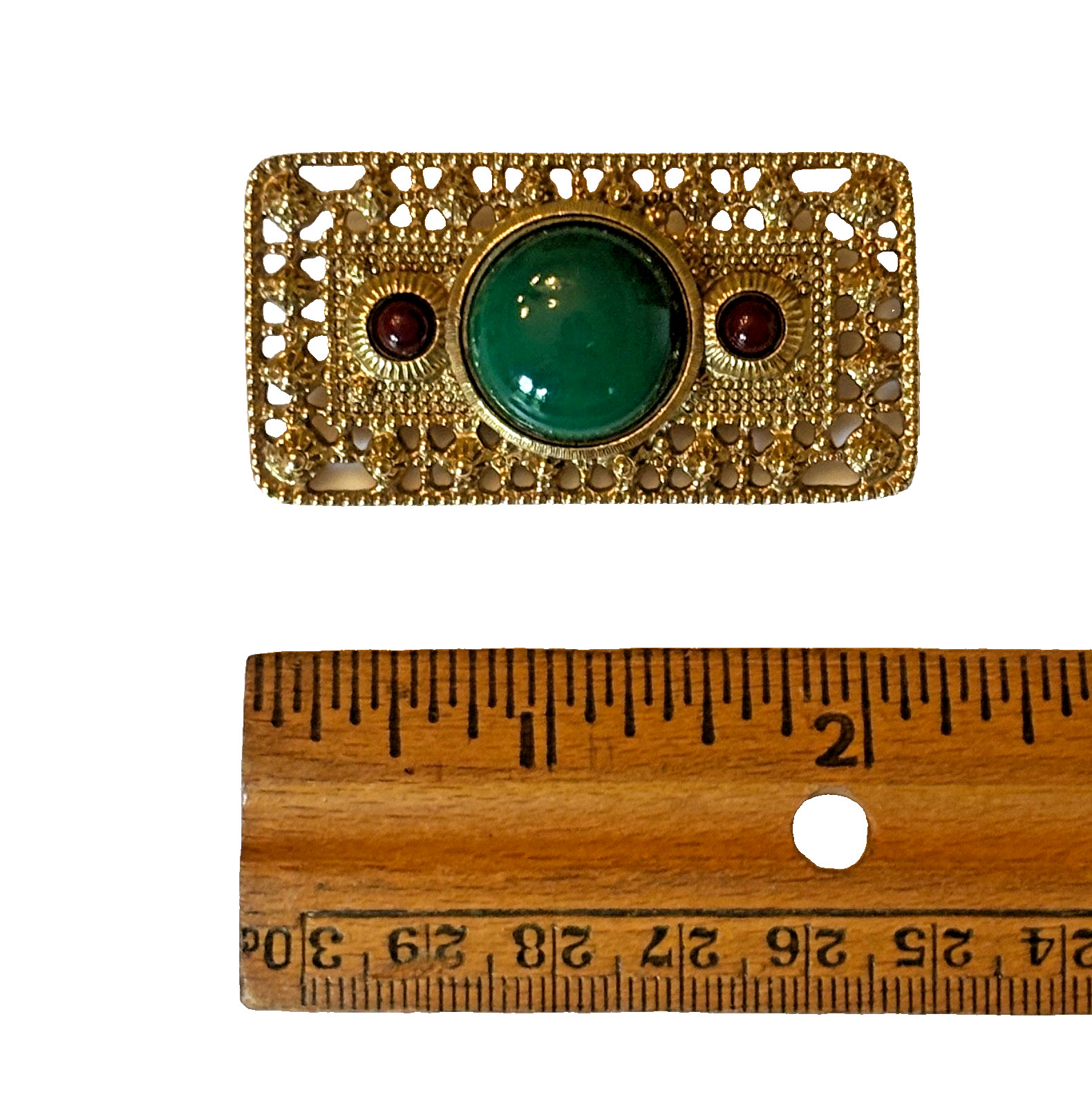 VTG Victorian Etruscan Revival Brooch Green Burgundy Cabochons GoldTone Filigree